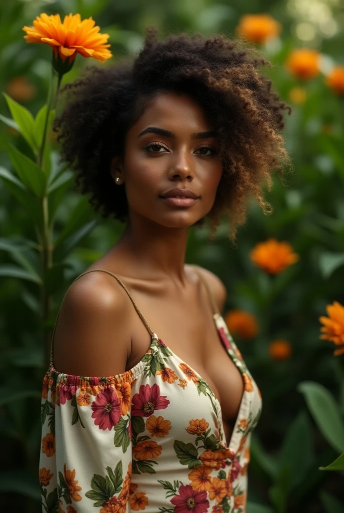 A Brazilian woman in a lush tropical garden, wearing an open shirt with a floral print, with a close-up capturing the harmonious beauty between her breasts and the natural flowers, showing off your natural charm and outgoing personality.