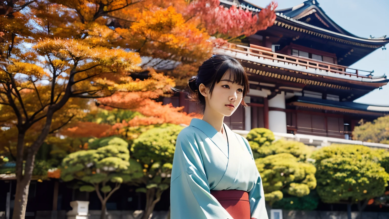 Realistic japan woman. 35 mm shot cinematic, the background is a Japanese city with beautiful traditional trees and buildings in Autumn