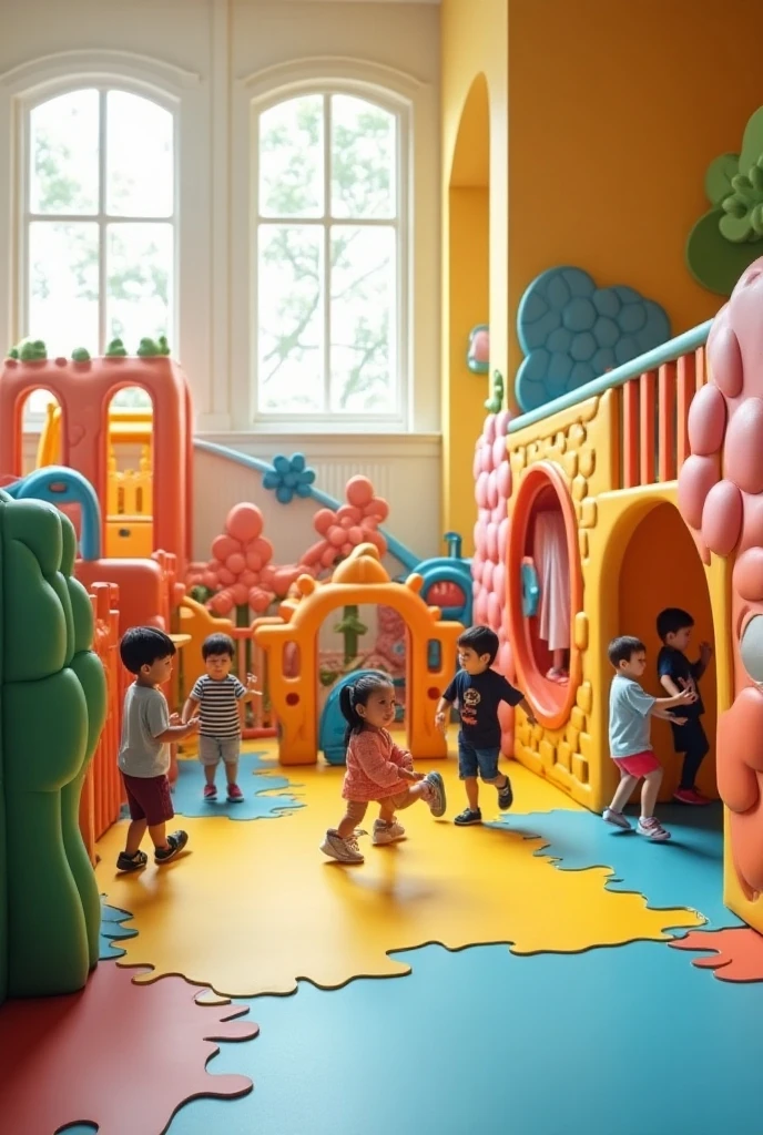 Family Play Area,Green tone,Curved wall,indoor,Lots of toys,slide,The wall is curved,A rich and wonderful paradise,Creativity
