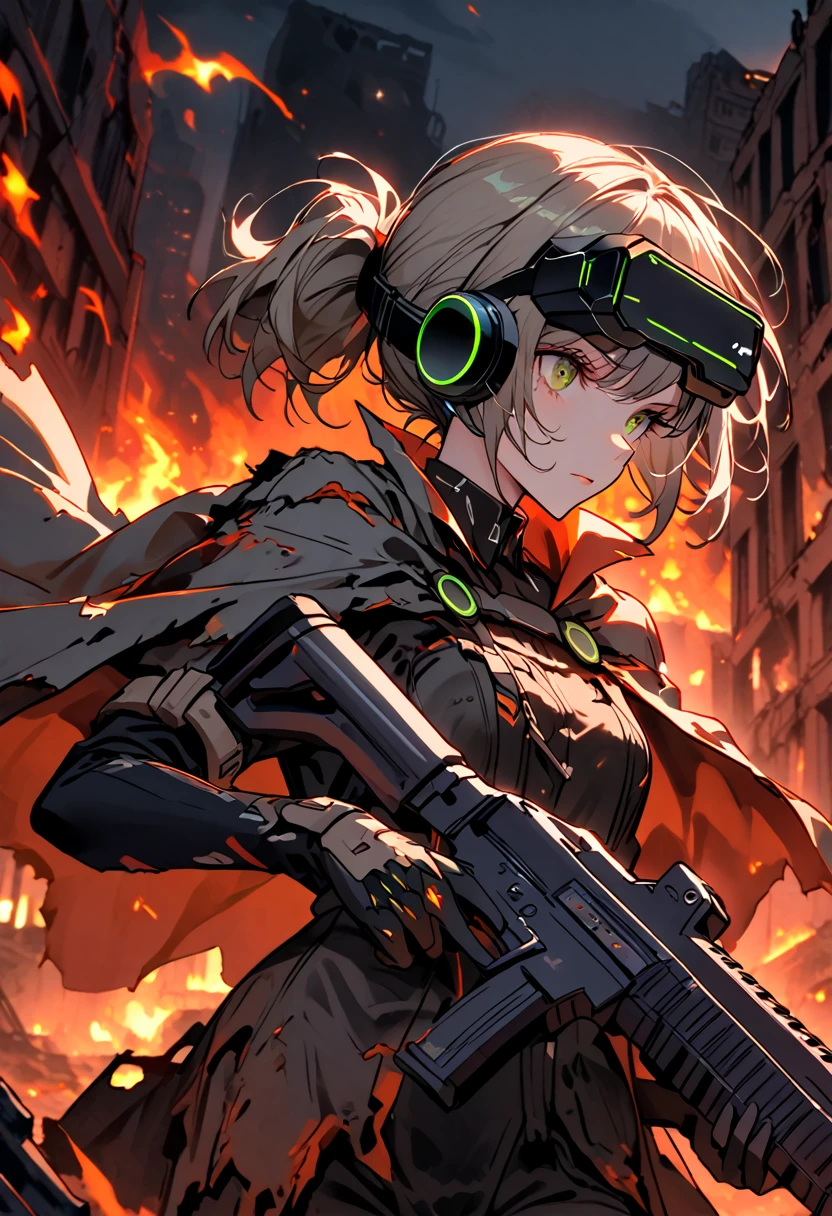 solo, female, close up, cowboy shot, short hair, ponytail, head-mounted display, holding weapon, assault rifle, night, ruins, fire, destroyed city, combat, dynamic pose, worn clothes, cape, 