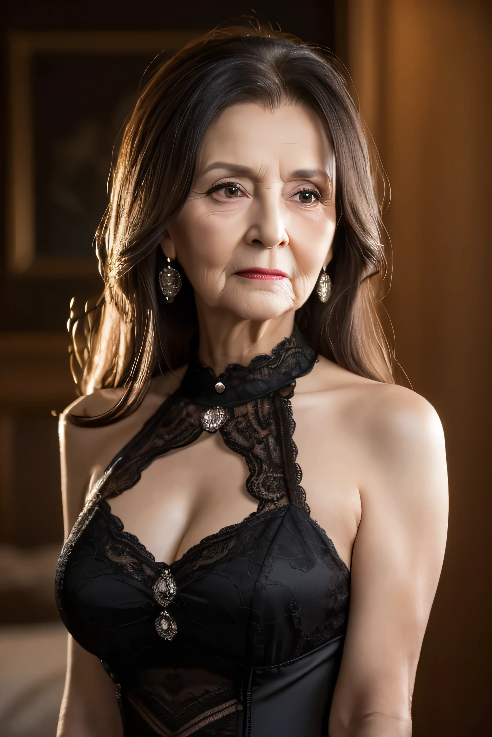 highest quality, masterpiece, High resolution, Realistic, RAW Photos, 8k wallpaper, perfection, Professional Lighting, Very detailed, ((One beautiful woman)), 80 years old, Sexy Woman, ((Black Dress)), Cleavage, Upper Body, ((look into the viewer'eye)), Detailed face, Beautiful eye, ((I'looking forward to it)), In the stylish dining room, sunny, bangs, Shapely breasts, Short Bob Hair, Plump and glossy lips, Cowboy Shot, ((Place your arms between your legs))