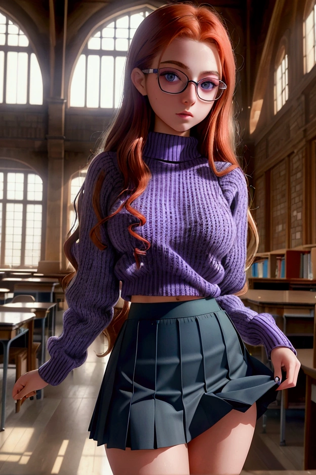  An extremely detailed and perfect 8k image . Photography by (Annie Leibovitz) of a teenager , green eyes, redhead,  (  perfectly detailed face  ), ((nerd)), (( perfect body)), has big ,   narrow waist and nice hips   . She is wearing a ((school skirt, purple)) and a ((wool sweater, blue)).    She's standing in the middle of a quiet old library , all made of wood  ,   She is very pretty and sexy  ., She has a glare,  lifts her skirt, and shows her panties, wet panties.