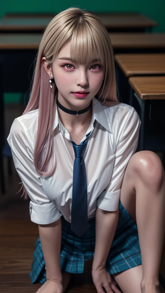 Mix 4, (8k, RAW Photos, Highest quality, masterpiece: 1.45), (Realistic, photoRealistic: 1.37), kitagawa marin,  (Blonde, Pink gradient hair), ((Long Hair, Sink bangs,Colorful Hair, Red eyes)),Pose like a model,Japanese women, ,high School student、Model body type, (Big Breasts:1.3), Narrow waist, Beautiful Face, Beautiful Eyes, Multiple simple dot earrings on earlobe, Cartilage rod piercing, White shirt, Shirt with tie, Black choker,  Blue tie, Checked skirt, cowboy shot, inside the School、classroom、hight School, 1 girl, alone, Detailed face and eyes, Upper body photo. Realistic, Realistic.Marin Gyaru,School_uniform, Embarrassed look, (((( M-shaped feet, please look )))), (Please spread your legs wide and show me: 1.5), Real nipples, Genuine open, Browsing Caution, (erupt from pussy:1.2),(erupt:1.2),(A puddle of pussy juice:1.15)(smile:0.7)、((shot))、((Crotch close-up:1.2))、((Pictures that emphasize pussy))、Real Pussy