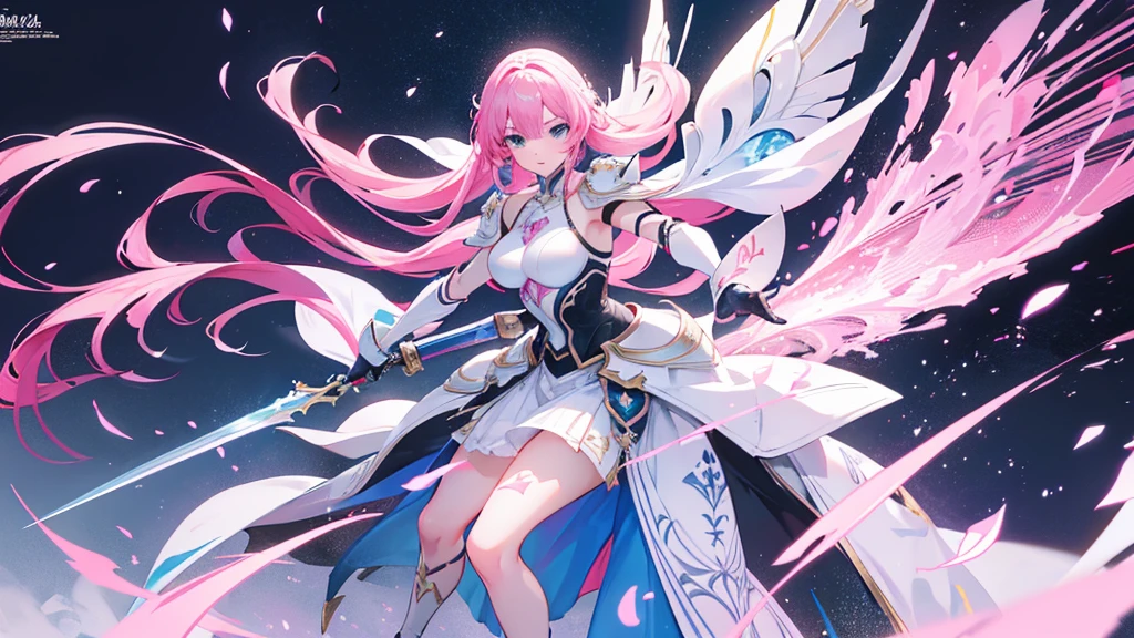 1girl, solo, looking at viewer, Pink long hair, blue metal breastplate, Blue metal spaulders, blue metal vambraces, Blue metal Chausses, a blue tiara. Blue wing earrings, two large blue wings, blue metal lance, blue eyes, full body, forest background, pink lips, anime, tall, curvy, detailed, best quality, close up,