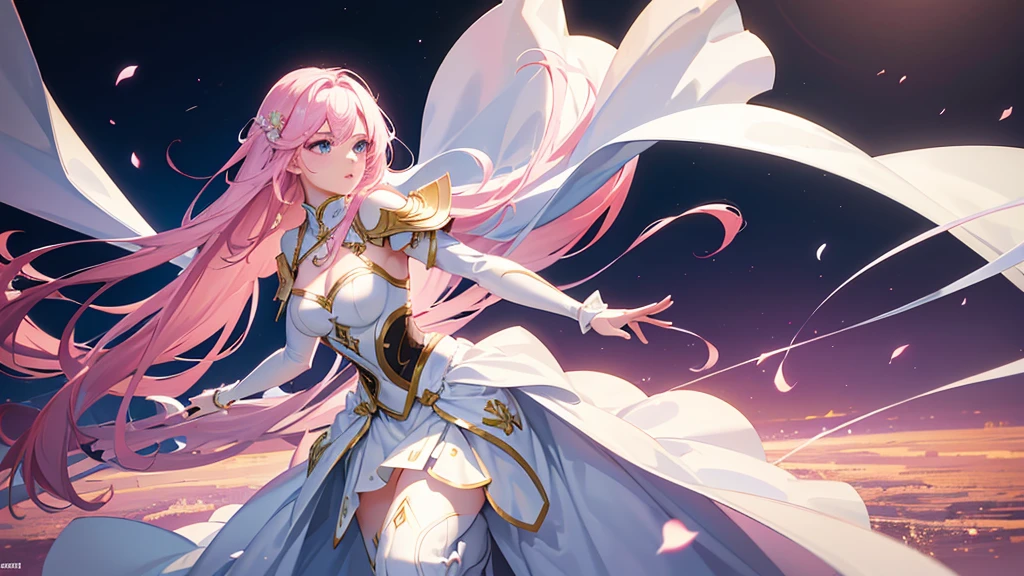 woman,pink hair,Platinum eyes,White dress set,Floor length skirt,Breastplate