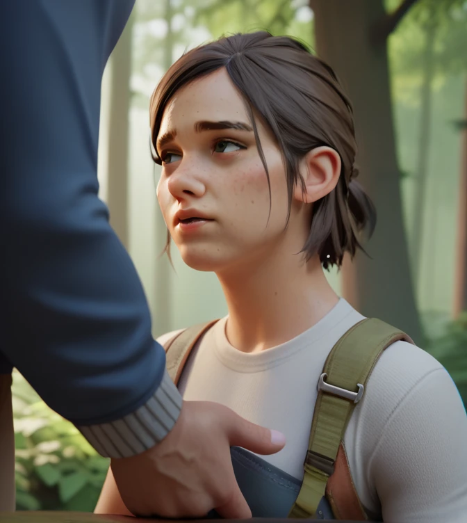  High resolution,  masterpiece , necessary,  Anatomically correct, Detail, 1 girl, Ellie Williams, The last of us part 1, in the forest, Man holding her by the neck (strong)