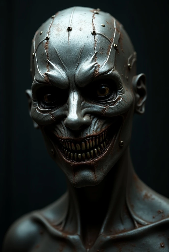 A photo of a horror mannequin in a close-up shot. The mannequin has a twisted face and is wearing a tattered outfit. The background is a retail store set in the 1950's, with wooden shelves and vintage items. The lighting is dim.