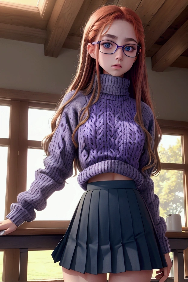  An extremely detailed and perfect 8k image . Photography by (Annie Leibovitz) of a teenager , green eyes, redhead,  (  perfectly detailed face  ), ((nerd)), (( perfect body)), has big ,   narrow waist and nice hips   . She is wearing a ((school skirt, purple)) and a ((wool sweater, blue)).    She's standing in the middle of a quiet old library , all made of wood  ,   She is very pretty and sexy,  She has a glare,  lifts her skirt shows her panties, wet panties.