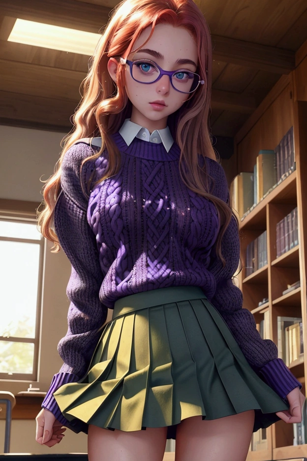  An extremely detailed and perfect 8k image . Photography by (Annie Leibovitz) of a teenager , green eyes, redhead,  (  perfectly detailed face  ), ((nerd)), (( perfect body)), has big ,   narrow waist and nice hips   . She is wearing a ((school skirt, purple)) and a ((wool sweater, blue)).    She's standing in the middle of a quiet old library , all made of wood  ,   She is very pretty and sexy,  She has a glare, she lifts her skirt shows her panties, wet panties.