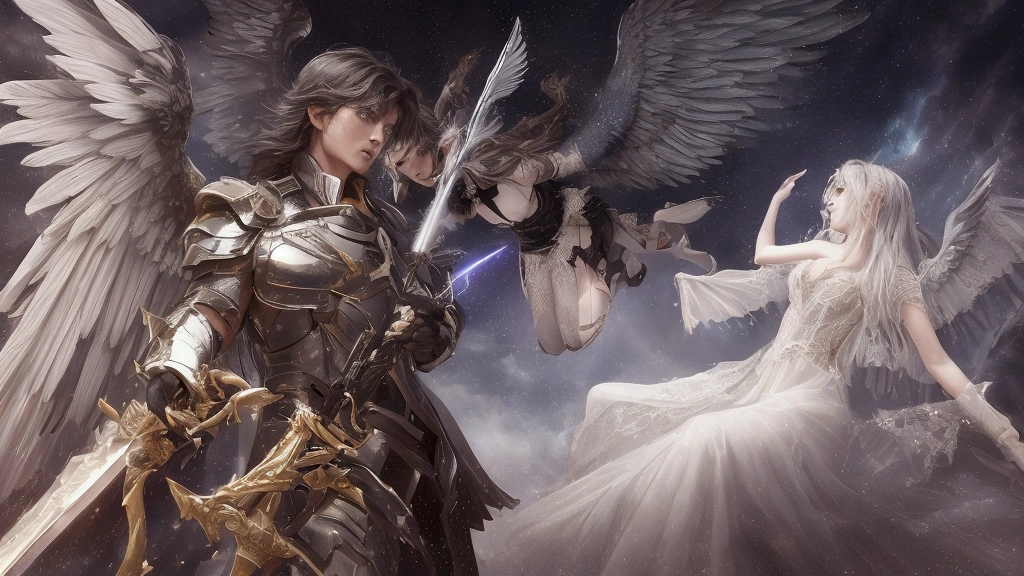 "A majestic and imposing male angel with large, radiant wings is depicted in a dramatic scene where he is saving a small girl. The angel, clad in luminous armor and with a determined expression on his face, is holding the girl in his arms. The girl, with a look of awe and relief, is dressed in simple clothing. The background features a chaotic landscape that highlights the angel's heroic intervention, with intricate details and lighting that emphasize the texture of the wings and the emotions on both characters' faces."