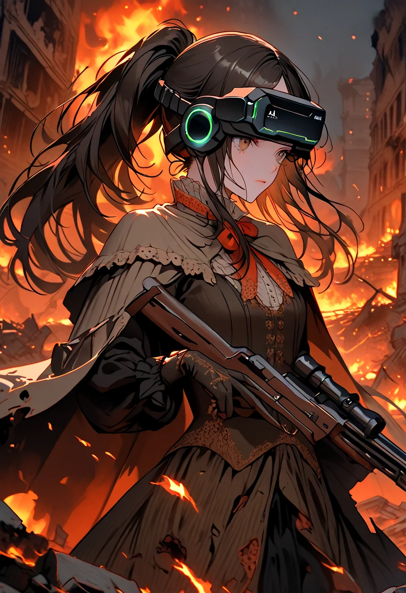 solo, female, close up, cowboy shot, long hair, ponytail, brown-black hair, head-mounted display, holding weapon, rifle, night, ruins, fire, destroyed city, combat, dynamic pose, worn clothes, cape, victorian era, antique tchnology, hutress