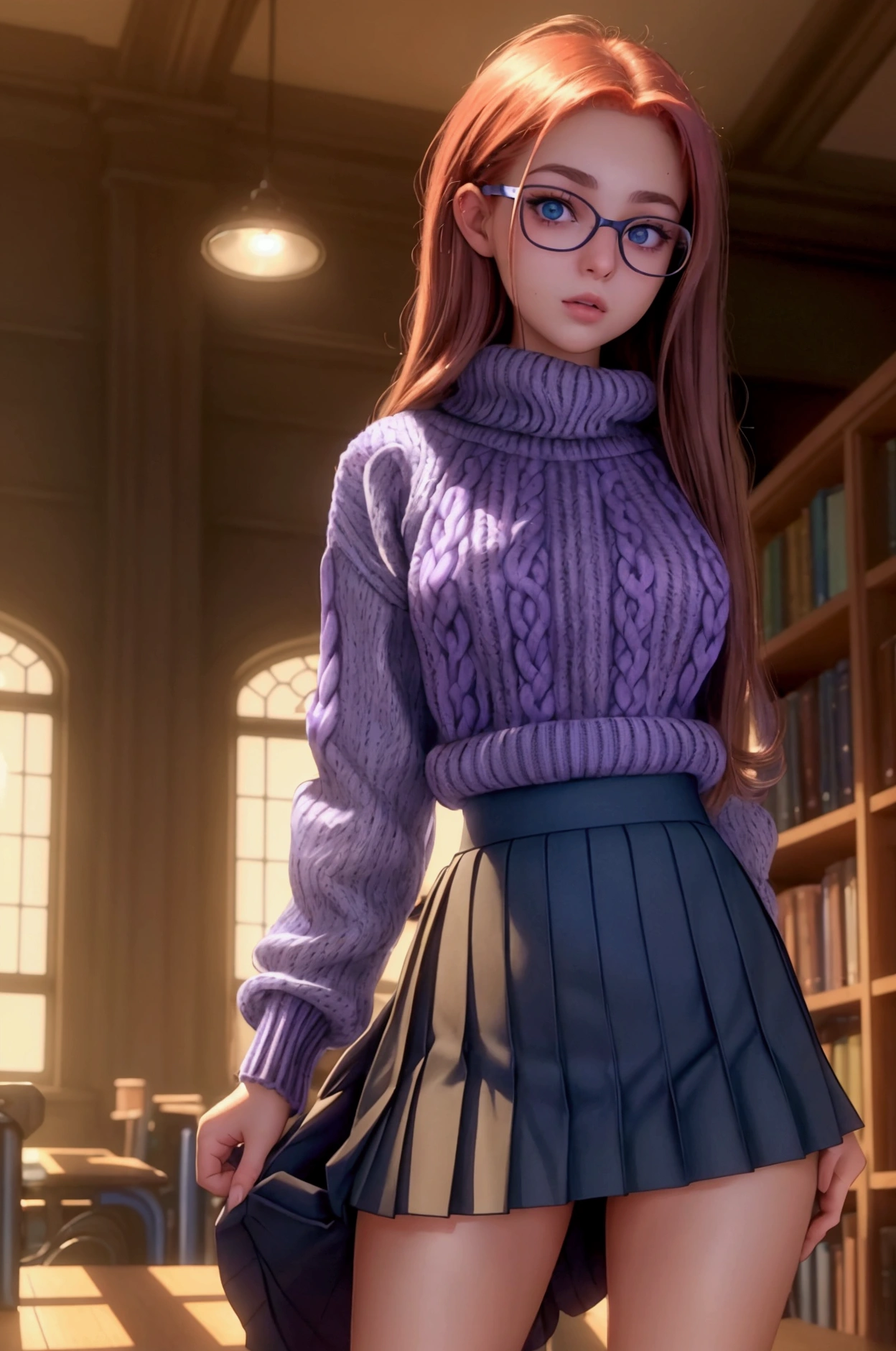  A hiperrealistic, extremely detailed and perfect 8k image . Photography by (Annie Leibovitz) of a teenager , green eyes, redhead,  (  perfectly detailed face  ), ((nerd)), (( perfect body)), has big ,   narrow waist and nice hips   . She is wearing a ((school skirt, purple)) and a ((wool sweater, blue)).    She's standing in the middle of a quiet old library , all made of wood  ,   She is very pretty and sexy,  She has a glare, she lifts her skirt shows her panties, wet panties.