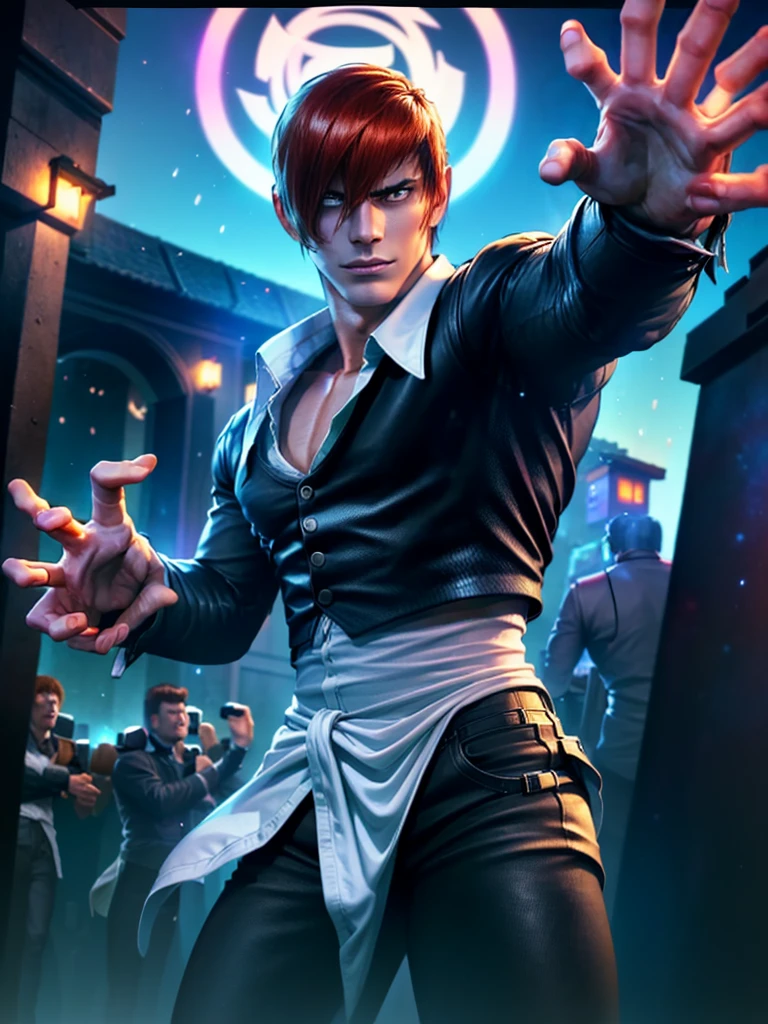 30 year old man, alone, alone, athletic, wears brown pants, white shirt, open black jacket, video game character, The King of Fighters, Iori Yagami, blue fire, moonlight, beautiful perfect hands and fingers, blank eyes , has dementia gesture, angry, enraged, has blood on his hands, beautiful character design, perfect face, looks at the viewer (focusing on the entire character), closed mouth, Light_Smile, official art, background 8k CG screen, unity extremely detailed, perfect lighting, bright and colorful front lighting, glowing skin (masterpiece: 1.0), (best quality: 1.0), ultra-high resolution, 4K, ultra-detailed photography, 8K, HDR, high resolution, nonsense: 1.2, Kodak portra 400 , film grain, blurred background, bokeh: 1.2, lens flare, (vibrant_color: 1.2), professional photography, (beautiful_face: 1.5), (narrow waist)
