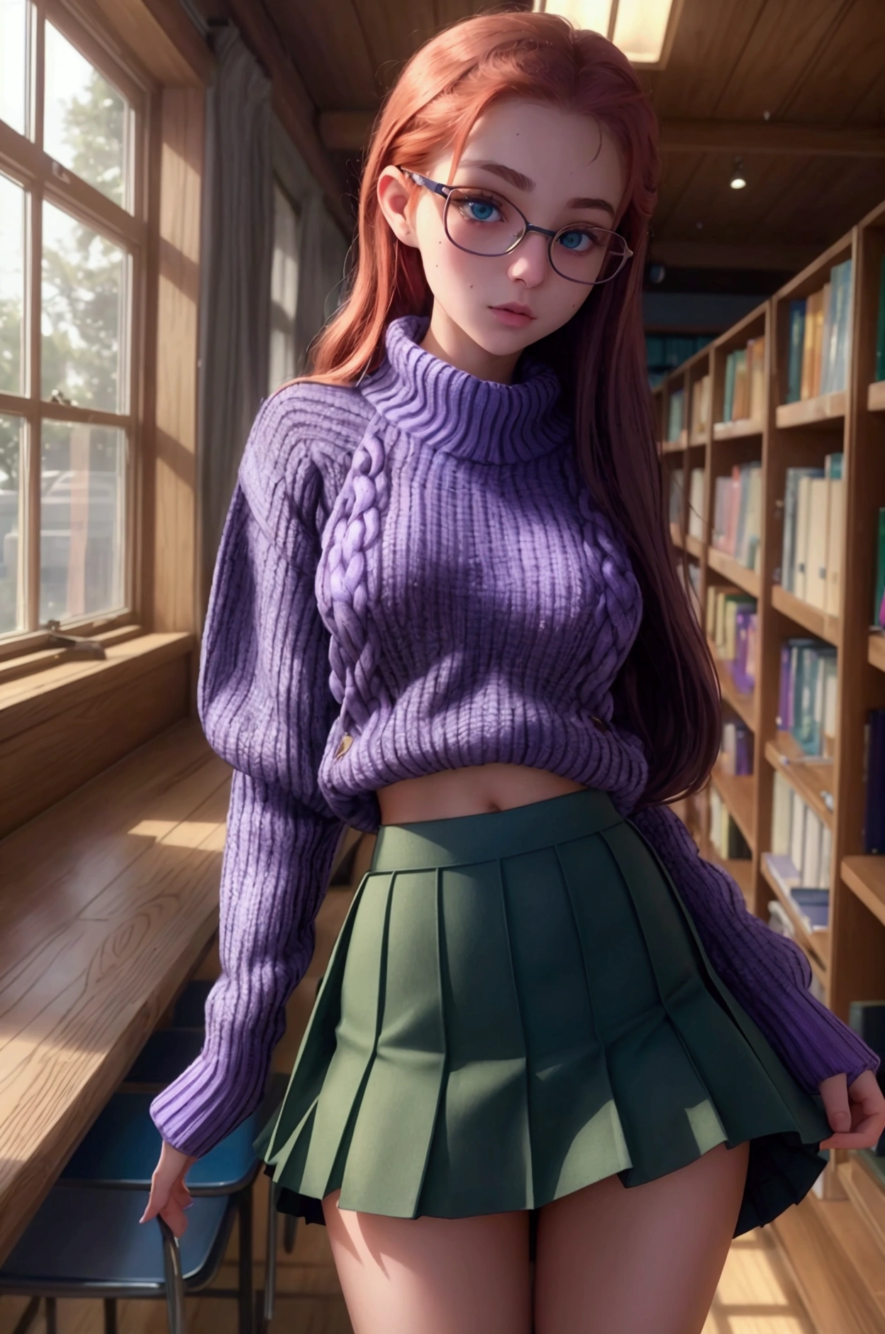  An extremely detailed and perfect 8k image . Photography by (Annie Leibovitz) of a teenager , green eyes, redhead,  (  perfectly detailed face  ), ((nerd)), (( perfect body)), has big ,   narrow waist and nice hips   . She is wearing a ((school skirt, purple)) and a ((wool sweater, blue)).    She's standing in the middle of a quiet old library , all made of wood  ,   She is very pretty and sexy, she rise her skirt shows her panties, wet panties.