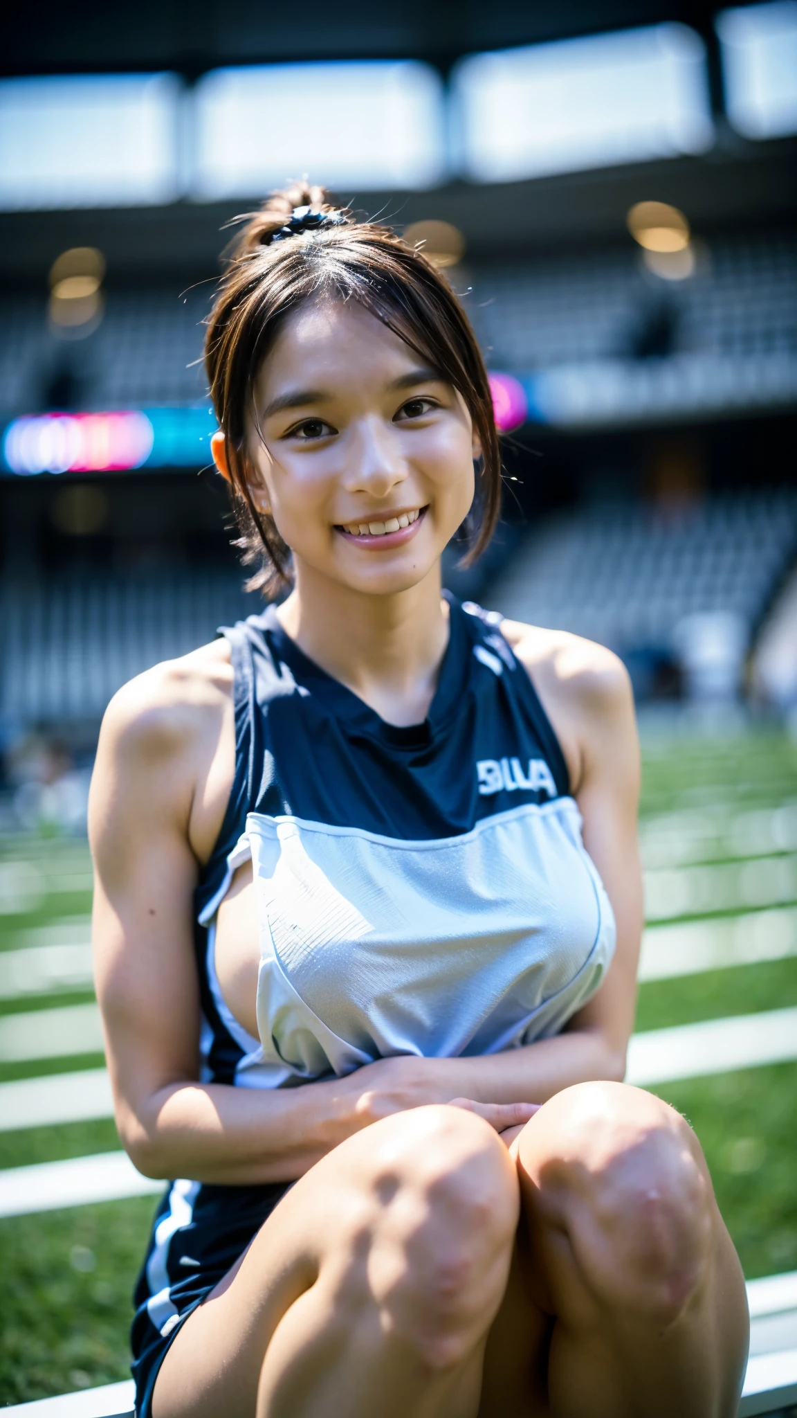 Best Quality,masterpiece, super high definition, High Definition RAW Color Photo ,Professional photos, natural skin texture ,Fine skin, hyperrealism, Japanese Women, Black Hair Shortcut Hair ,(arms behind head,spread legs,Squat,Athletics Stadium,smile,(( Grey High Leg Athlete Jersey,High Cut High Leg Competition Bulma )),((gigantic breast))