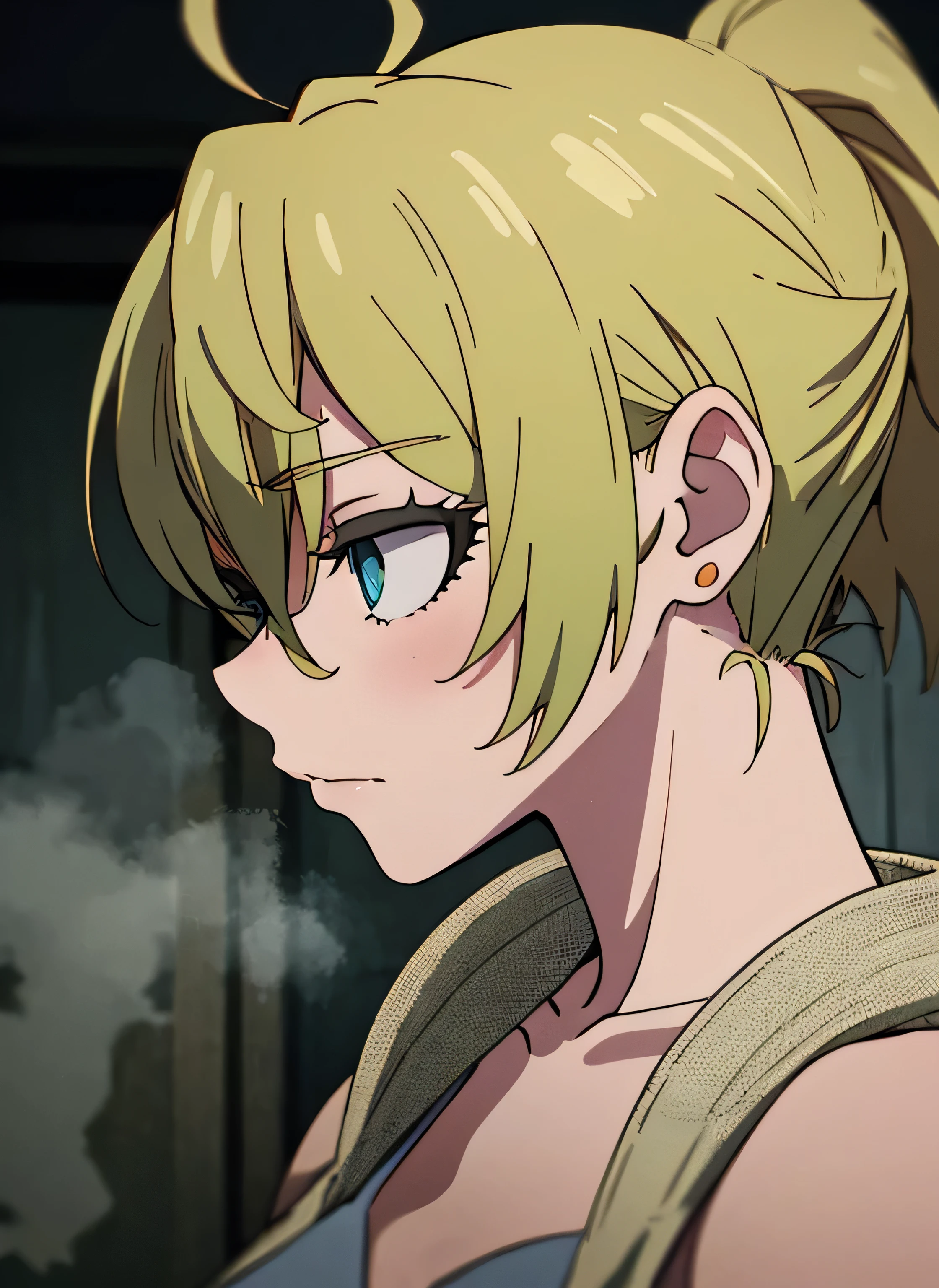 Close up, There is a woman alone in the town of silent hill done in a anime style, strange atmosphere, silent hill inspired, silent hill promotional image, visually alluring, clever use of liminal imagery, cold colors, muted colors, subject is wearing a dress from the 90's, smokey makeup, makima styled eyes, profile picture worthy, cinematic scene, cinematography, cinematic angle, depth of field, foggy.