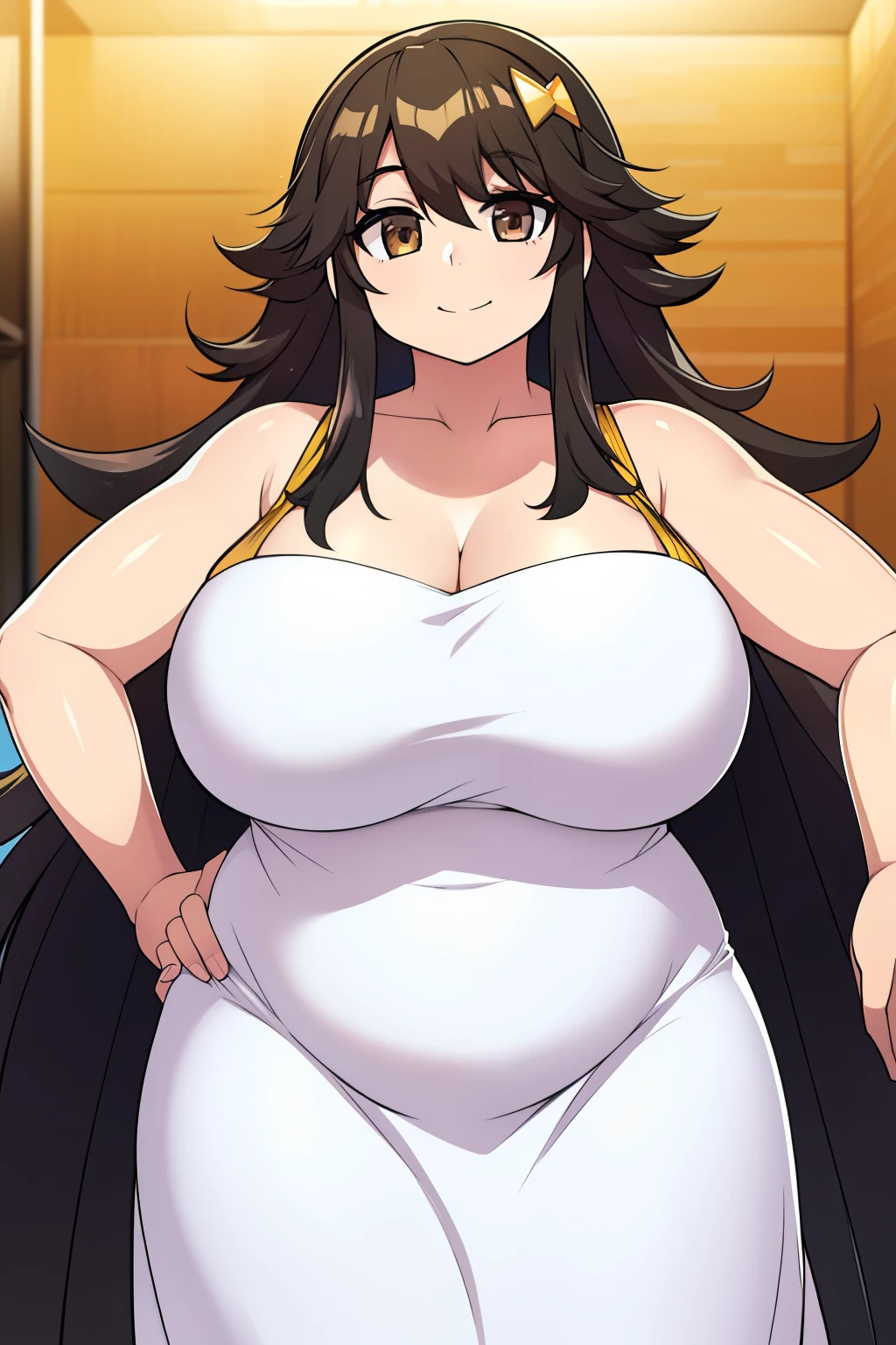 Chubby big breasts black hair brown eyes happy long hair messy smile derdere long white dress with gold details