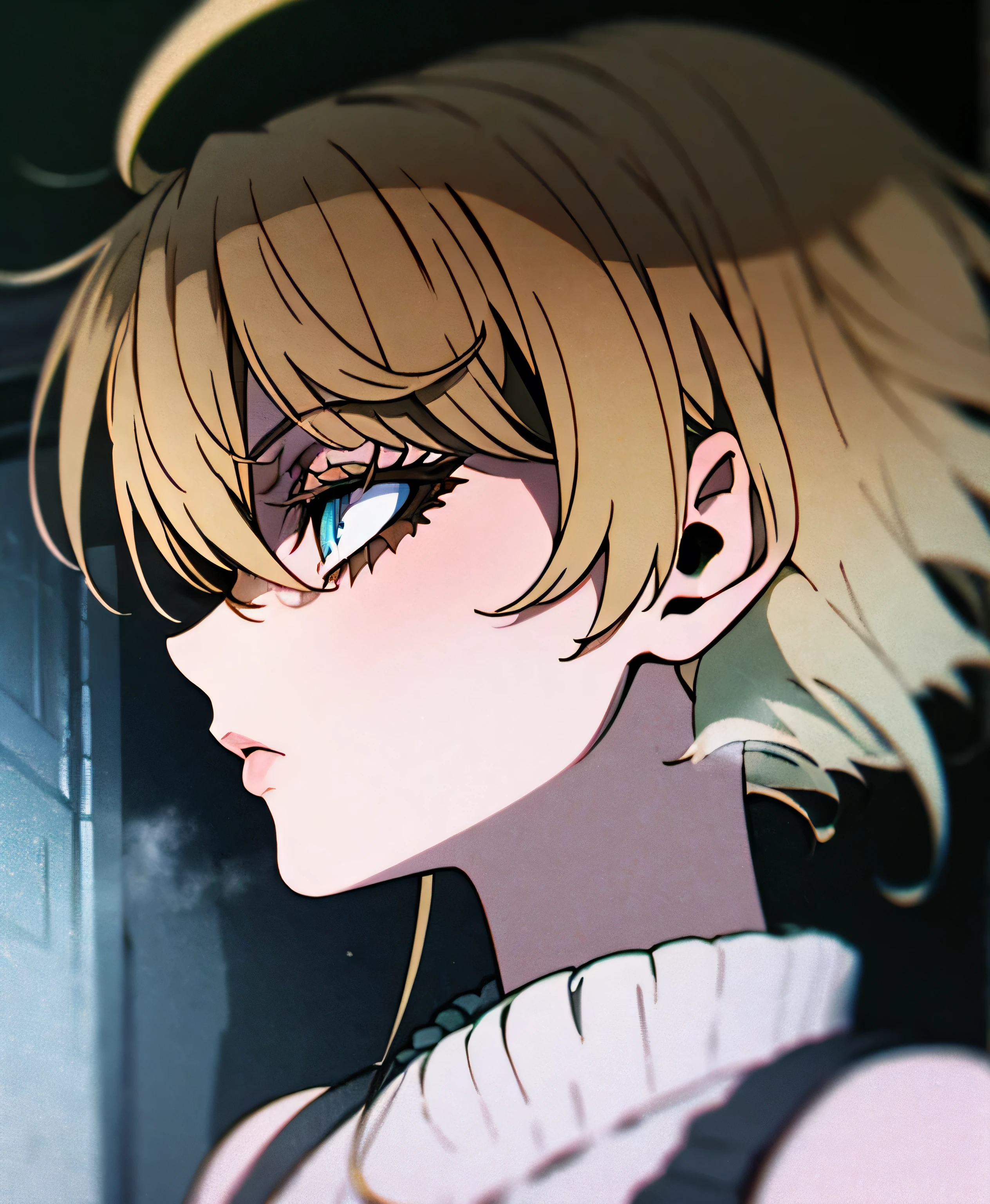 Close up, There is a woman alone in the town of silent hill done in a anime style, strange atmosphere, silent hill inspired, silent hill promotional image, visually alluring, clever use of liminal imagery, cold colors, muted colors, subject is wearing a dress from the 90's, smokey makeup, makima styled eyes, profile picture worthy, cinematic scene, cinematography, cinematic angle, depth of field, foggy.