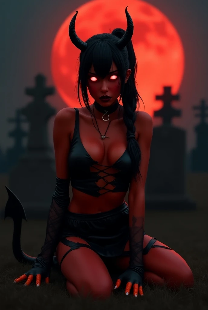 Vampire Goth Girl, long black hair, Beautiful cute face, Innocent, Charming, Sexually calm facial expression, Dark Makeup Black Lipstick, Lots of tattoos all over the body, body piercings, rings in the ears, black choker around the neck, Facing the camera, Skin color: white, Body glare, ((pretty eyes)), Vampire Red Eyes, ((Perfect Sexy Figure)), Ideal body shapes, big thighs, ((Subtle and beautiful)), ((Sexy black tank top and mini skirt with fishnet stockings)), Sexy seductive position lying butt to the camera, Full-length, Background cemetery moonlight, a starry sky, nightfall, Depth of field, ((ultra quality)), ((tmasterpiece)), clear image, crisp details, Realistic, Professional Photo Session, Clear Focus, the anime, Colorfully drawn, NSFW