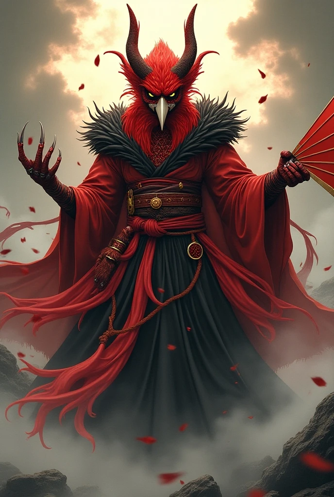 Mitologia japonesa,Criar um Tengu, red mask, nariz comprido, feather hats, 8k, Ultra realismo, cinemactic