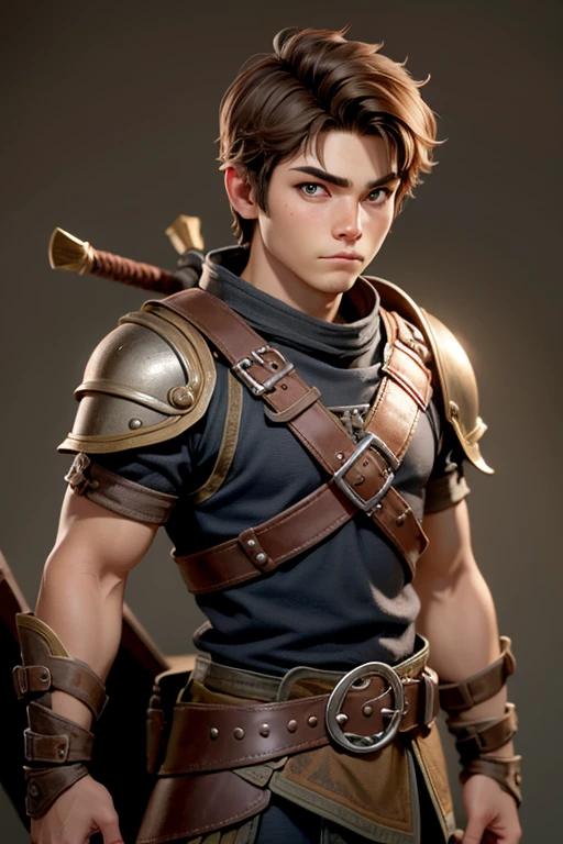 viking, boy warrior with short brown hair and brown eyes in leather armor. No background.