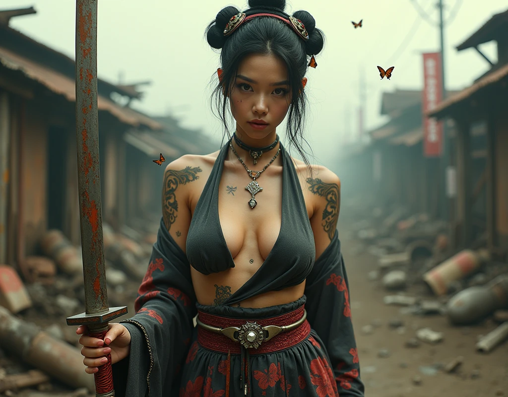 single shot of one 18 year old girl wabori skin, (topless), wearing a hakama, (hand holding a katana), ((posing in front of a temple in a bamboo forest)), perfect boobs, detailed nipples, detailed , yakuza, top view, realistic, photoreal, masterpiece, best quality, cinematic photo of a japanese cartel gangster covered with tattoos, epic lighting, japanese yakuza tattoo, japanese art, japanese culture, sexy, exotic, erotic, ((solo)), serious warrior look in the eyes