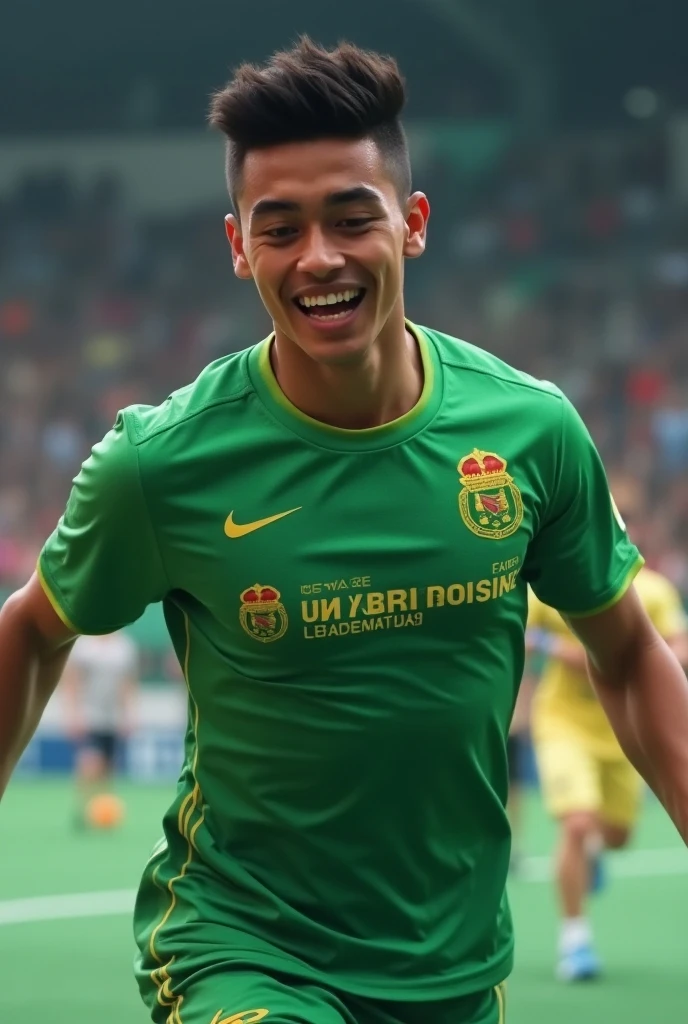 Make an image of a man about 23 years old (human) wearing a green sports t-shirt that says ,” INTERPROVINCIAL FUTSAL CHAMPIONSHIP” that is Latino
