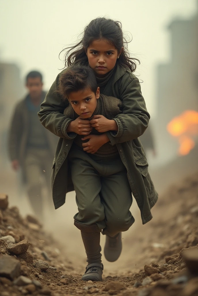 photorealistic a girl holding a kid cry for help in the midst of war, desperate expression, torn and tattered clothes, wounded and dirt all over the body