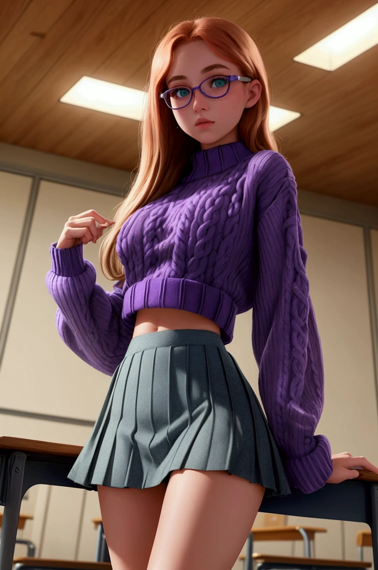  An extremely detailed and perfect 8k image . Photography by (Annie Leibovitz) of a teenager , green eyes, redhead,  (  perfectly detailed face  ), ((nerd)), (( perfect body)), has big ,   narrow waist and nice hips   . She is wearing a ((school short skirt, purple)) and a ((wool sweater, blue)).    She's standing in the middle of a quiet old library , all made of wood  ,   She is very pretty and sexy, she get Up her skirt shows her panties.