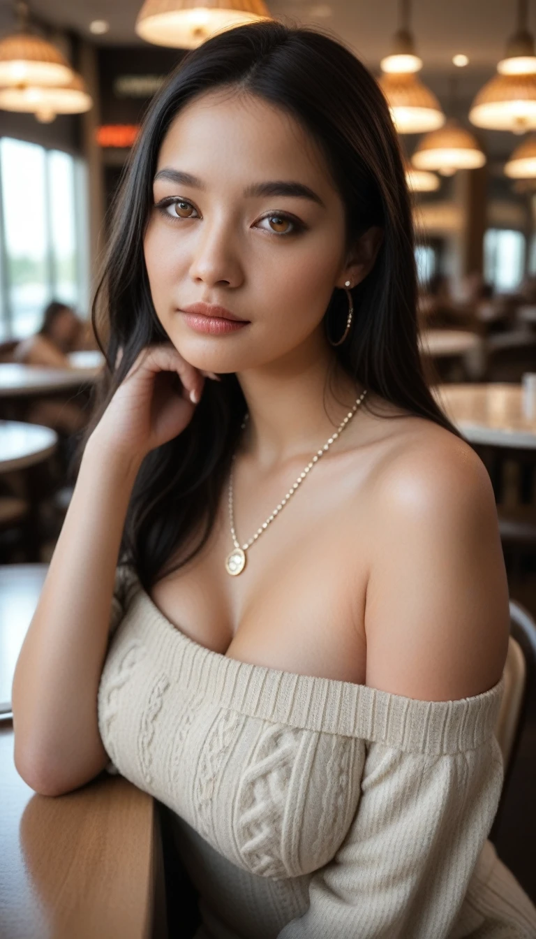 realistic, fotorrealistic, 8K, RAW photos, highest quality,  masterpiece . ultra detailed,  with Kodak Vision Color style ,  soft bokeh and sharp focus .  18-year-old brunette Asian young woman, (dark skin), (long black hair:1.5), ( hazel eyes:1.2) sitting in a restaurant, alone, ( Big breasts:1.2),  looking at the viewer , Bare shoulders,  jewelry, A necklace, Bare shoulders, beige sweaters , realistic, sexy, view of the face , ( face detailed to the maximum:1.2)