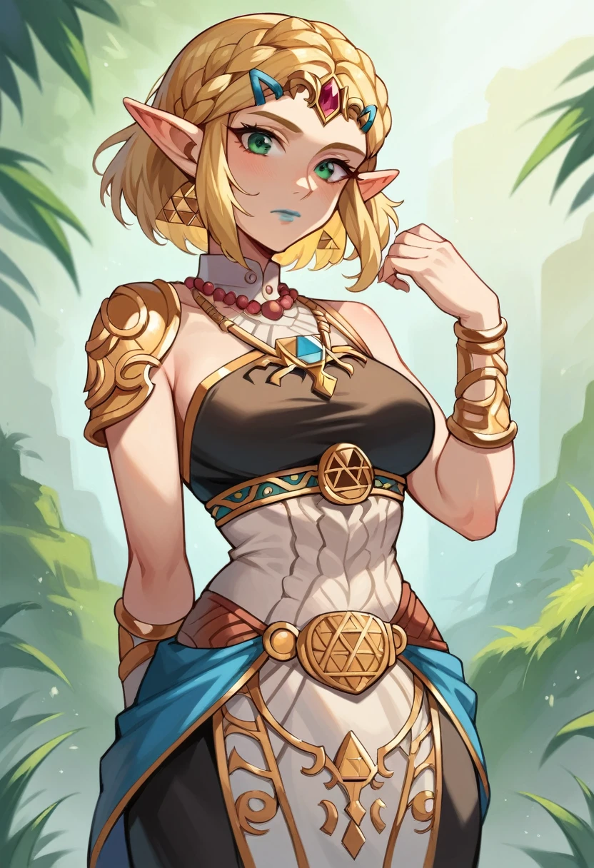 score_9, score_8_up, score_7_up, score_6_up, score_5_up, score_4_up, BREAK   ZeldaSDXL, 1girl, solo, long hair, breasts, looking at viewer, short hair, blonde hair, , hair ornament,  medium breasts, closed mouth, green eyes, braid, cowboy shot, pointy ears, blue lips, lipstick, gold jewelry, black clothes, ,  braid, princess zelda