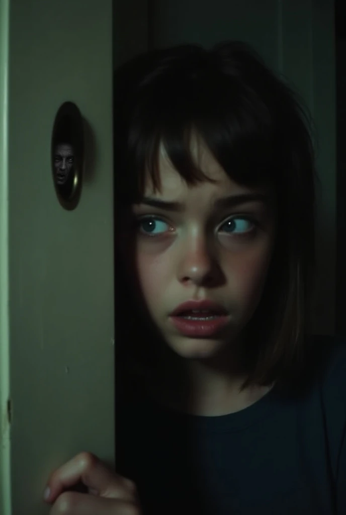 photo of a short-haired teenage girl tied to a chair in a dark room