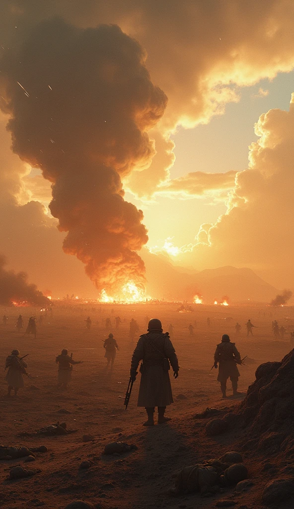 A group of people in armor standing in a field with explosions in the background, anamorphic cinematography, lineage 2 revolution style, mechanical elves, adeptus Astartes, standing on the plains of Rohan, black tar particles, soldiers, swarm