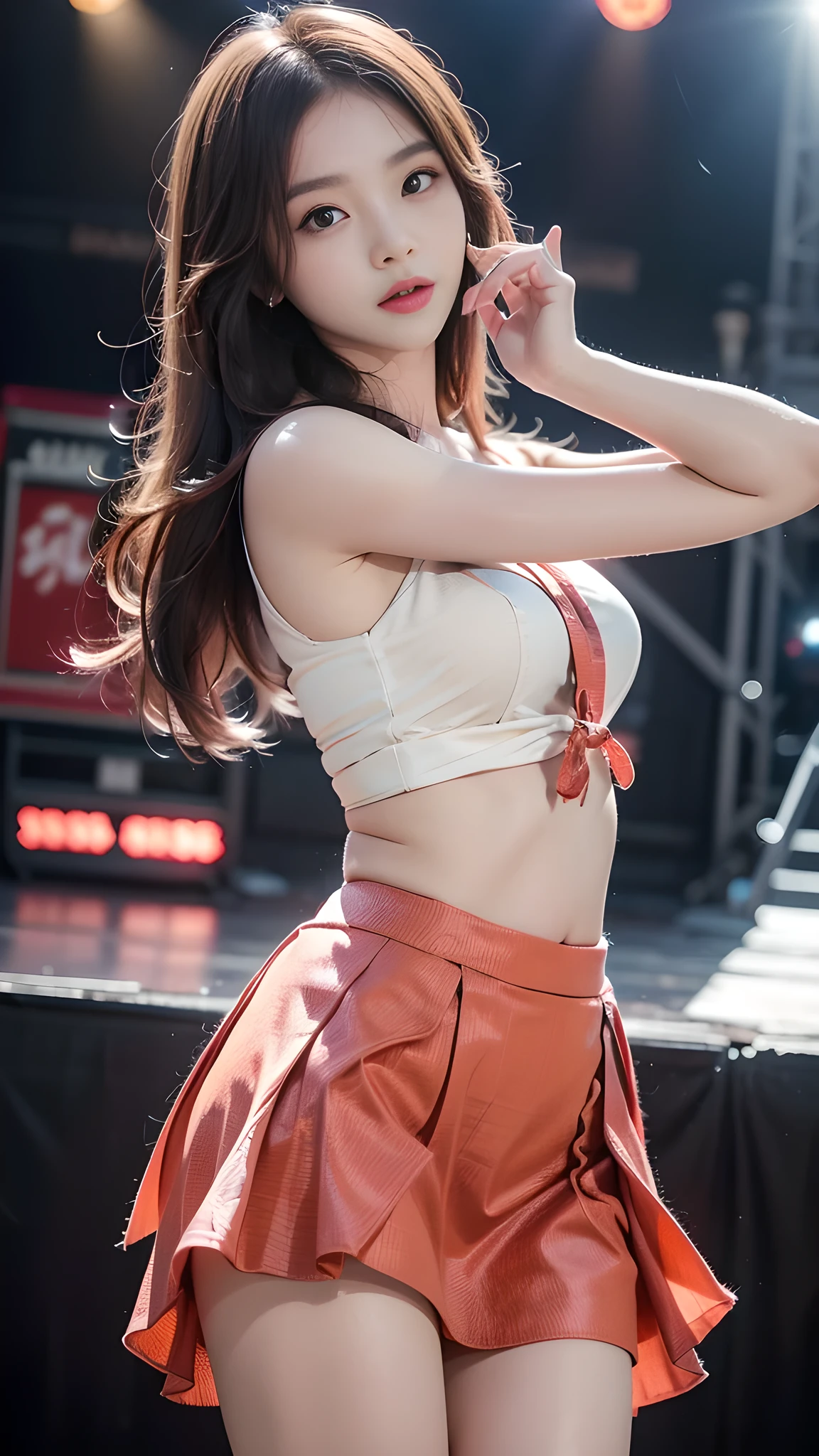 Japan people, 3 people, underground idol, tube top, same idol costume of different colors, singing, dancing, stage, super big breasts that are about to spill,