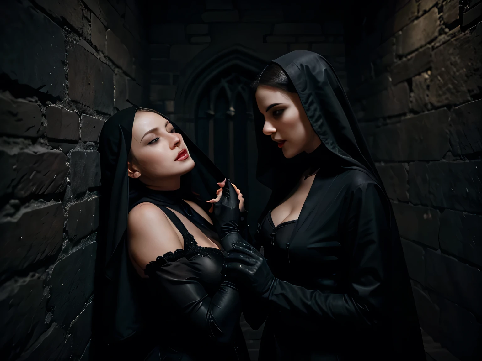 In a gothic chamber during a thunderstorm at night, a beautiful lady vampire makes love to a beautiful ecstatic Nun in a gossamer habit , black gloves, masturbating