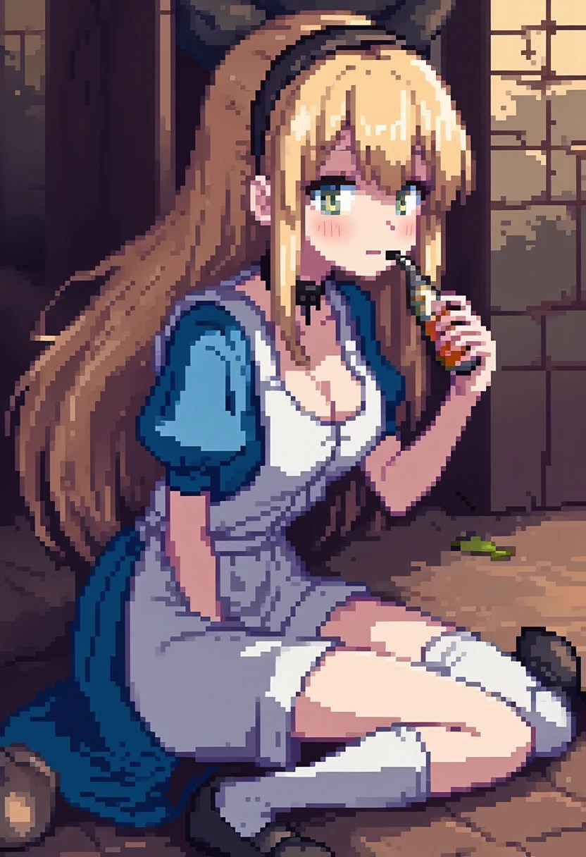 Alice taking a sip from a small bottle, sipping, small bottle, mature female, Adult woman, sexy, 30 year old, solo, high quality,aliceinwonderlandoutfit, Alice in wonderland, DisneyAlice, full body, bleach blond hair, straight bangs, concave bangs, brown eyebrows, thick eye brows, gray eyes, medium breasts, blue dress, puffy sleeves, white collar, white apron, black headband, black hair bow, white thigh highs, black loafers, sitting on ground,film grain, vivid colors