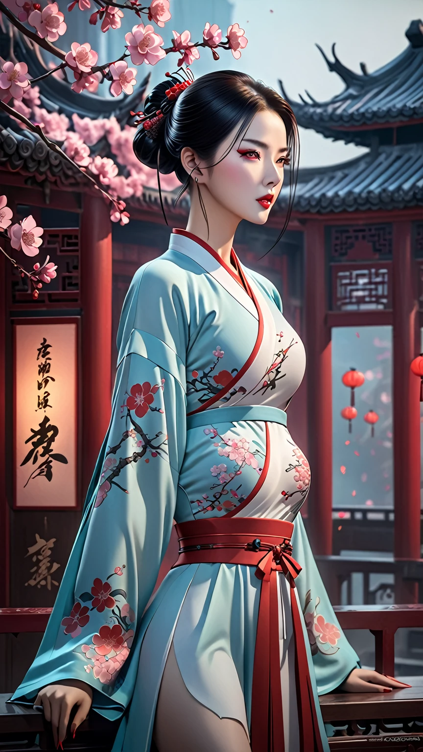 Image of a woman in her 50s with tattoos on her arms and wearing a dress, Inspired by Chen Yifei, Cinematic. Ren Jun, CGSociety and fenghua zhong, by ヤン・J, 🌺 CGSociety, Beautiful digital art, elegant Cinematic fantasy art, Very beautiful cyberpunk samurai, stunning CGSociety, Beautiful maiden, palace ， Girl in Hanfu