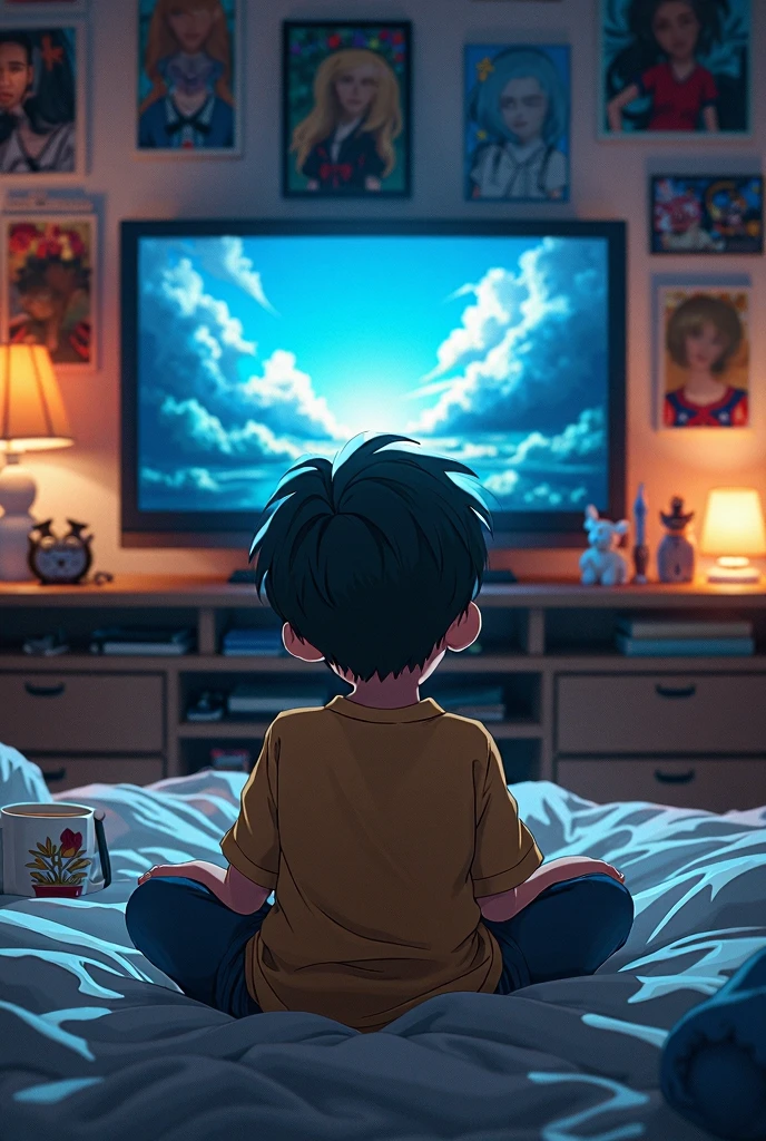A boy watching anime in his room 