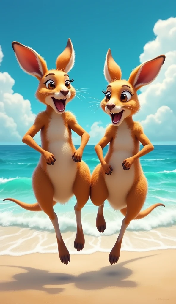 A furry fox in a bikini, with a furry cat in a bikini taking a furry rabbit in panties and bra.
