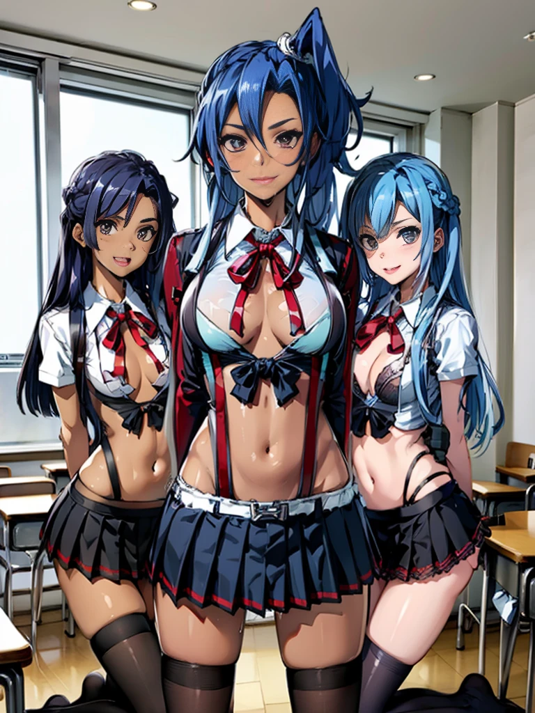 (    beautiful detailed eyes kneeling with hands tied     ), (     Beautiful Detailed Faces       ), (top-quality), (Super detailed), (masterpiece), ( Blue Hair), (   Random hairstyle  :1.3), (   four girls   ), (Multiple girls), (並んで  standing), (group picture), (sweat),     standing, (Big Breasts), ( ), (Thin thighs), (    slim waist    ), (smile), (School uniform), (    crop top), (belly button), (abdomen), ( [     miniskirt :1.2), (  Black thigh high socks ), (Check pattern), (School), (   In the classroom:1.2), (Open clothes:1.2), (Improve), (    good), (Leopard print), (Dark Skin Tone:1.4), ( Open your mouth), (        stick out your tongue   :1.25)