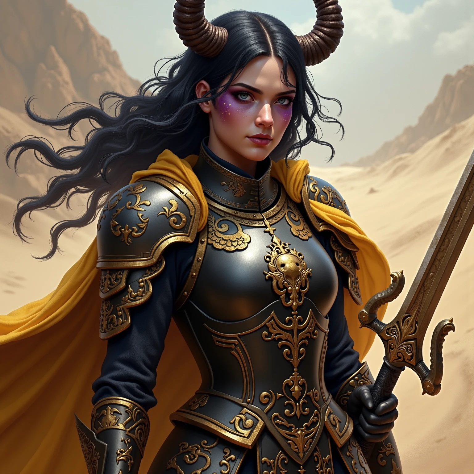 A woman from the Hyborian Age, strong and beautiful warrior, Caucasian skin,black metal armor on the legs, and I don&#39;t wear a low-cut top, black metal helmet with black horns, A screen , Action scene,fighting a 10-foot black ogre with glowing red eyes