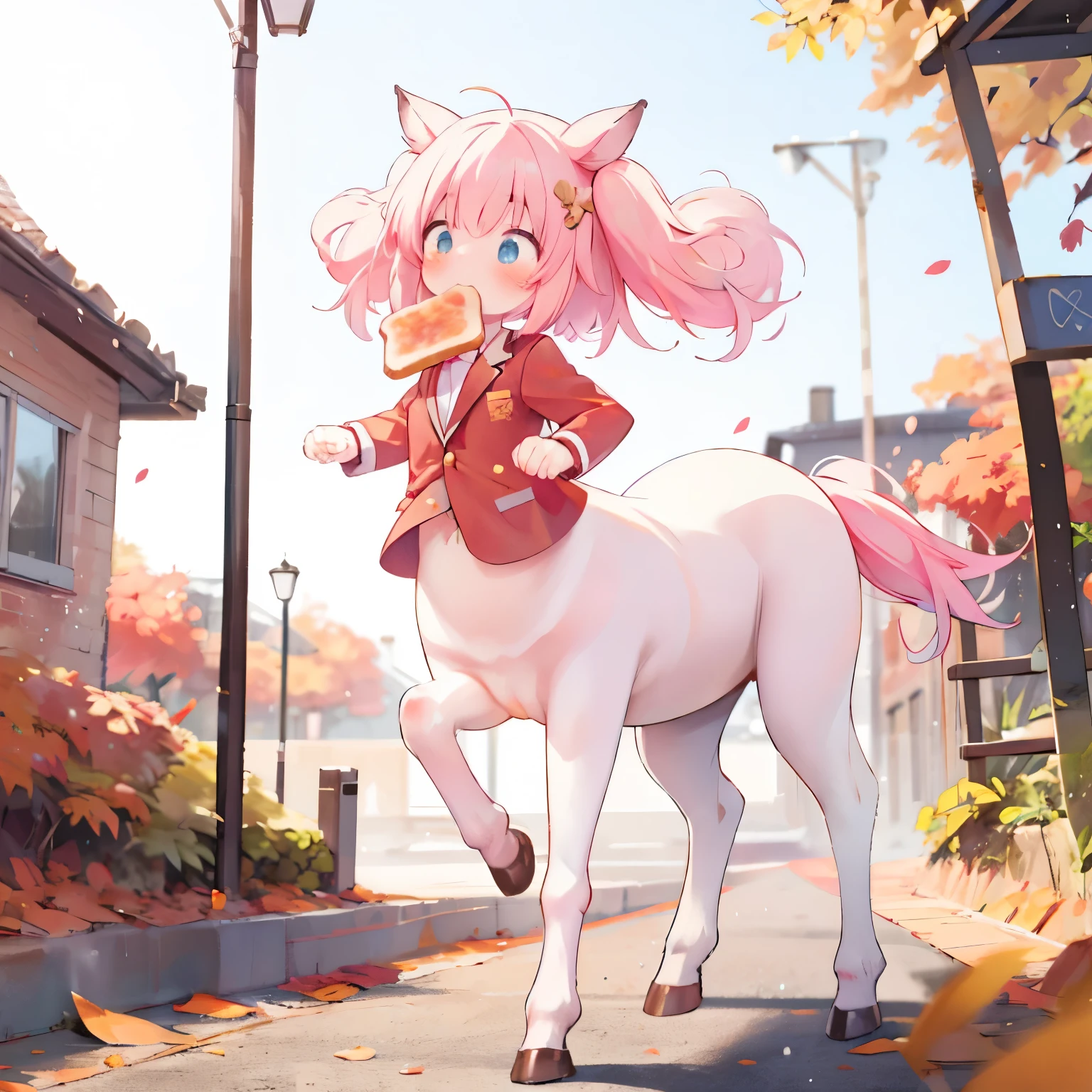 masterpiece, Ultra-high-definition CG,  best quality  , Young  , Centaur，  Pink Twin Tails  ,Winter uniform，Toast in the mouth, running,  city street，In a hurry，Autumn leaves，