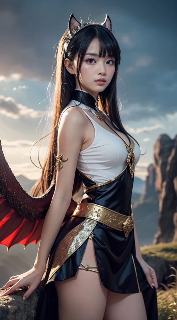 Professional , masterpiece、top-quality、photos realistic , depth of fields 、(A dark-haired) 、(Gemstone White Metal Body:1.4),(Matte Black、Jewel Gold Weapon(Jewel Metal Body:1.4),Gorgeous metal weapons ,Particles of light、(Fight dragons)、(Black wings)、((maikurobikini))、(( Detailed and gorgeous sword of the brave)) ,Light Effects、intense fighting、Wind-effect、magic circles、 (A dark-haired) ,Detail and ornate jewel crown、With the legendary magic wand、Dragon's tail、explosions、((maikurobikini))、((Gangle's forest background))、Beautiful Caucasian beauty、1a person、dynamic ungle,(((Details of the two demon horns on the head)))、Smaller head、A smile、Background inside the castle、Thin and beautiful female hands、cleavage of the breast、Soldier in iron armor on background、Mystical expression、Light Effects、Wind-effect、With the legendary magic wand、(wingspan)、Toostock、Anatomically correct body、