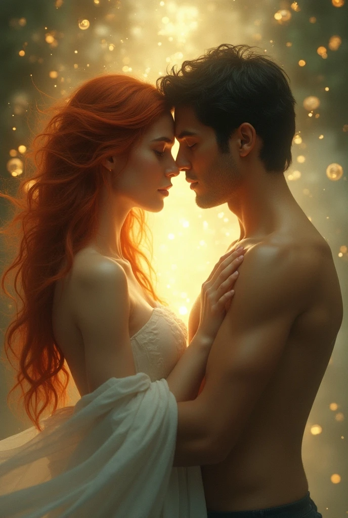 A bust of a beautiful orange-haired huge colossal breasted, European woman and a man kissing, looking at the camera, blending with the enchanting pastel colors. In this mesmerizing image, bare, exposed, in the buff, in your birthday suit, stripped, unclothed, uncovered, undressed, with nothing on. We are presented with a captivating sight of pastel-colored powder exploding in every direction, beautifully frozen in time through extremely long exposure and slow shutter photography. The explosion takes place in front of one of the walls, where the explosion of multi-colored pastel powders also comes to life, resembling a jellyfish gracefully hovering above the water. In the foreground is a beautiful orange-haired woman, looking at the camera, blending with the enchanting pastel colors. The image, perhaps a photograph, shows a wonderful attention to detail, with Harmoniously blend subtle colors to create a truly stunning, high-quality visual masterpiece. Light pastel wallpaper real realist