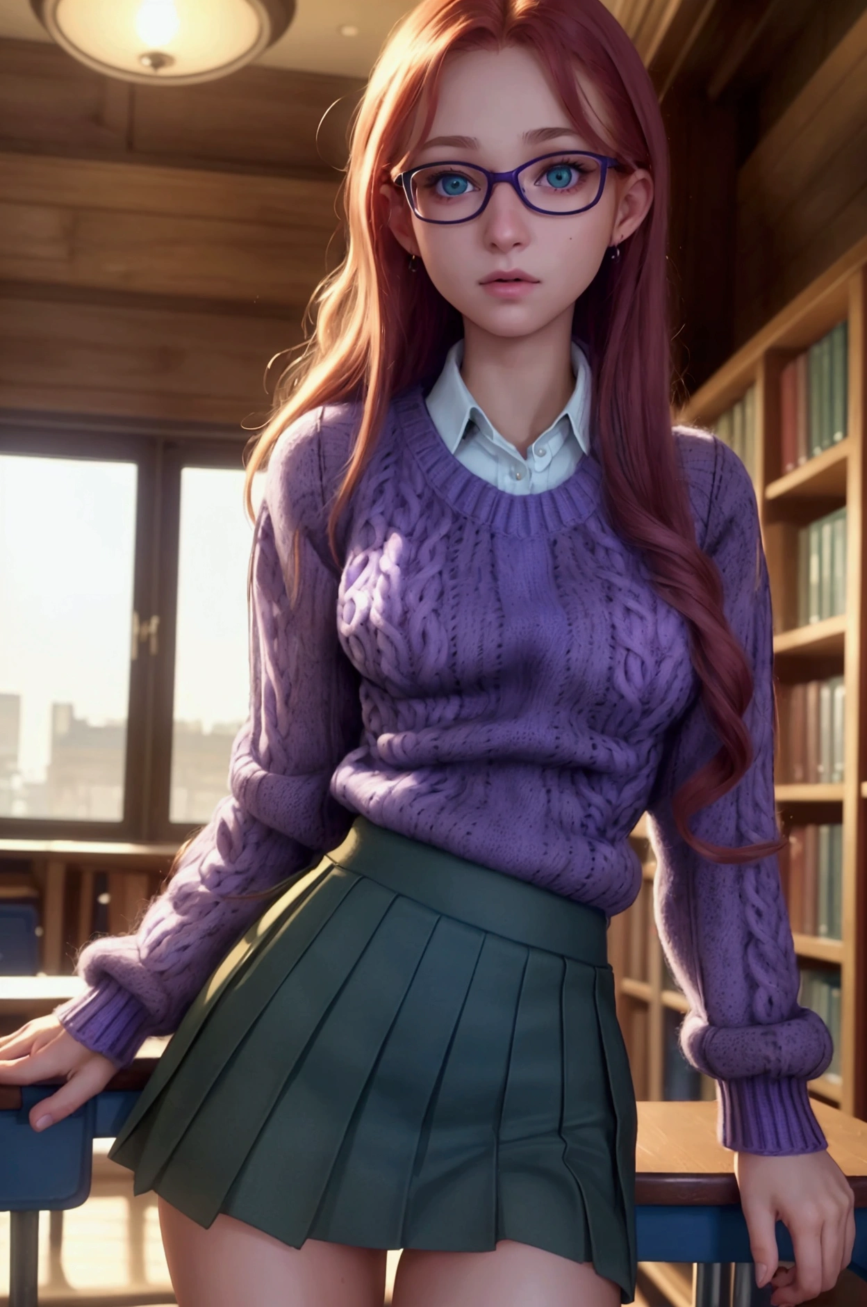  A hiperrealistic and extremely detailed and perfect 8k image . Photography by (Annie Leibovitz) of a teenager , green eyes, redhead,  (  perfectly detailed face  ), ((nerd)), (( perfect body)), has big ,   narrow waist and nice hips   . She is wearing a ((school short skirt, purple)) and a ((wool sweater, blue)).    She's standing in the middle of a quiet old library , all made of wood  ,   She is very pretty and sexy, she get Up her skirt, shows her panties.