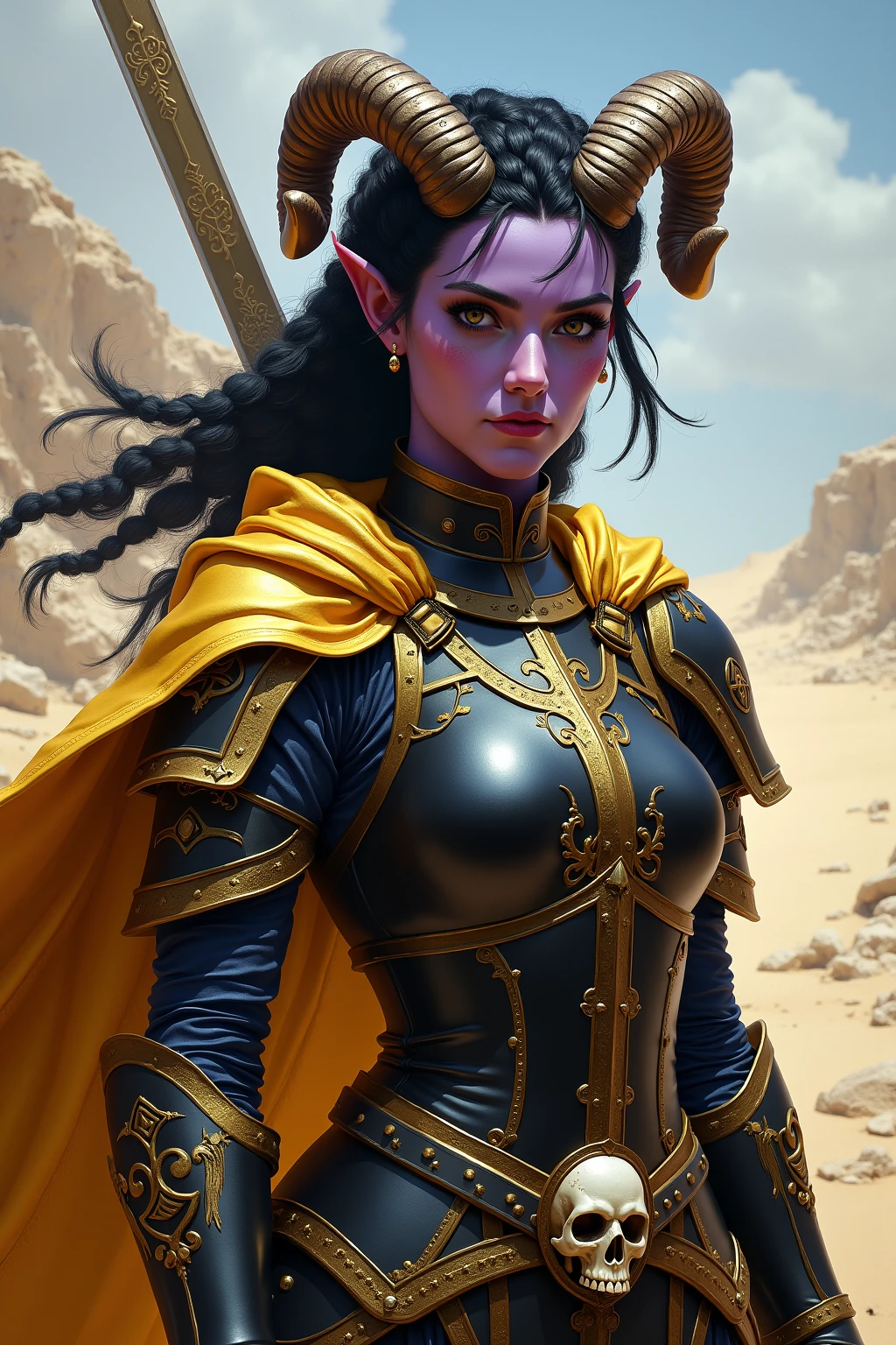 a muscular butch henchwoman with dark skin, pointed ears and features inspired by drow elves, wearing a brass-accented steampunk-style coat, corset, and straps, detailed realistic portrait, hyper detailed, highly realistic, photorealistic, 8k, cinematic lighting, dramatic pose