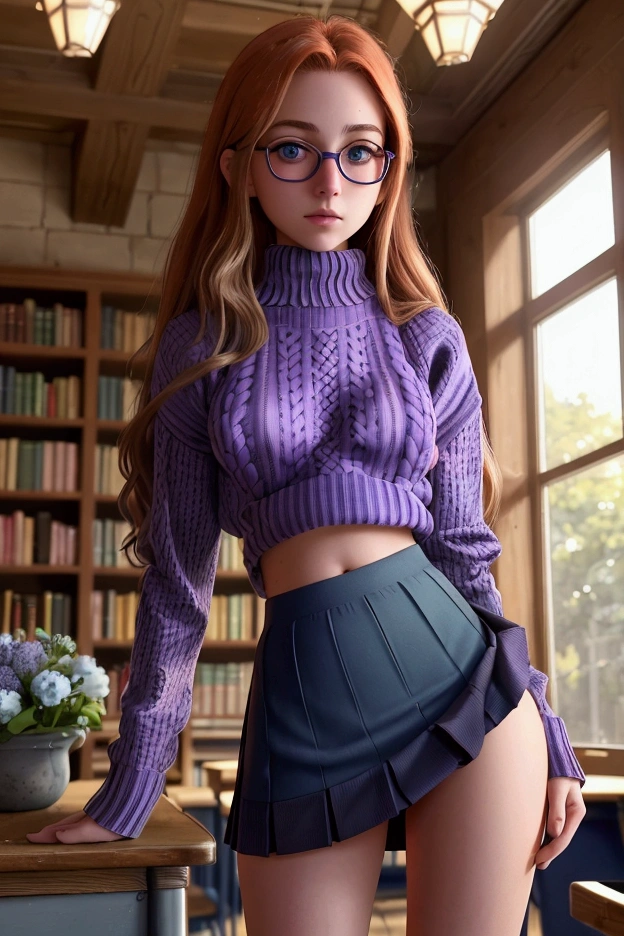  A hiperrealistic and extremely detailed and perfect 8k image . Photography by (Annie Leibovitz) of a teenager , green eyes, redhead,  (  perfectly detailed face  ), ((nerd)), (( perfect body)), has big ,   narrow waist and nice hips   . She is wearing a ((school short skirt, purple)) and a ((wool sweater, blue)).    She's standing in the middle of a quiet old library , all made of wood  ,   She is very pretty and sexy, she get Up her skirt, shows her panties.