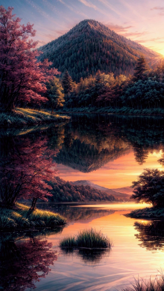 A hyper-realistic, serene, fantastical landscape at sunset. The sky is bathed in soft, glowing hues of orange, pink, and purple, with the sun casting a warm, golden light over the scene. A calm, crystal-clear lake in the foreground perfectly reflects the colors of the sky, its surface shimmering gently. Surrounding the lake are lush, rolling hills dotted with vibrant wildflowers of various colors. Tall, majestic trees with glowing, luminescent leaves sway softly in the breeze, framing the scene. Floating lights, like fireflies, drift above the water, adding a magical touch. The whole atmosphere radiates peace, calm, and the beauty of untouched nature, making the viewer feel completely at ease.