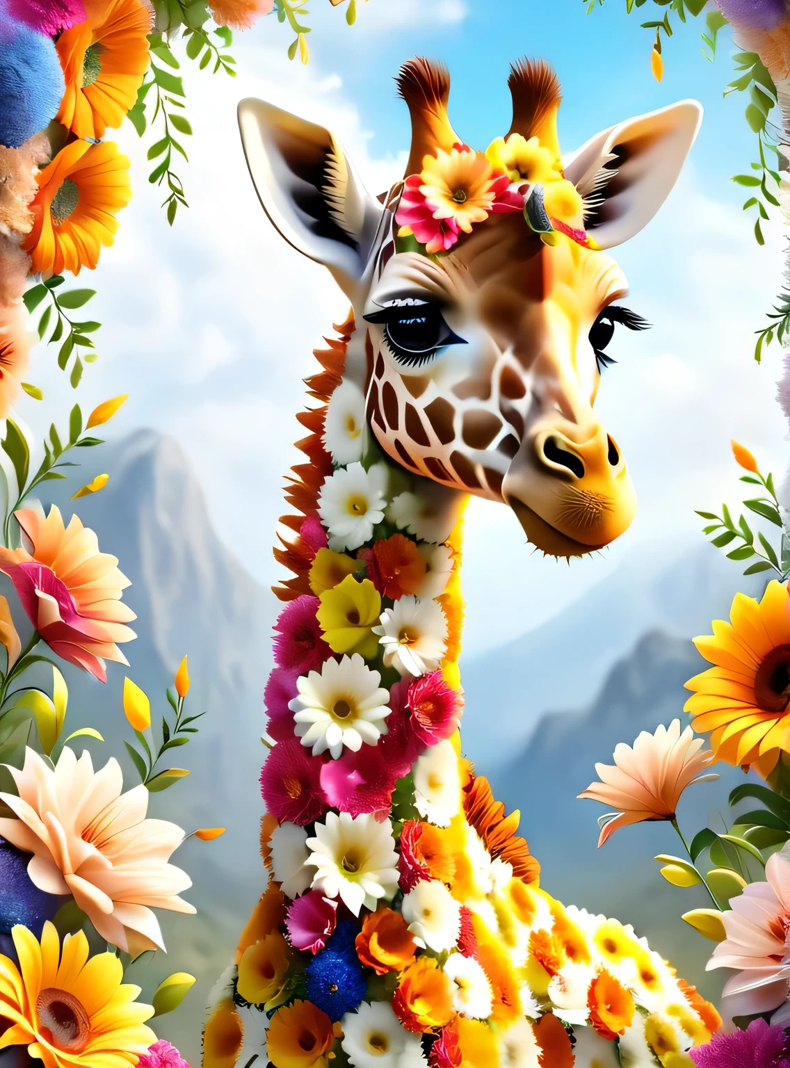 pam-flwr cute giraffe made of flowers,savannah background,realistic,highly detailed,realistic,lifelike,studio photo,highly detailed,colors,dynamic,cinematic,masterpiece,intricate,hdr,abstract fractal,