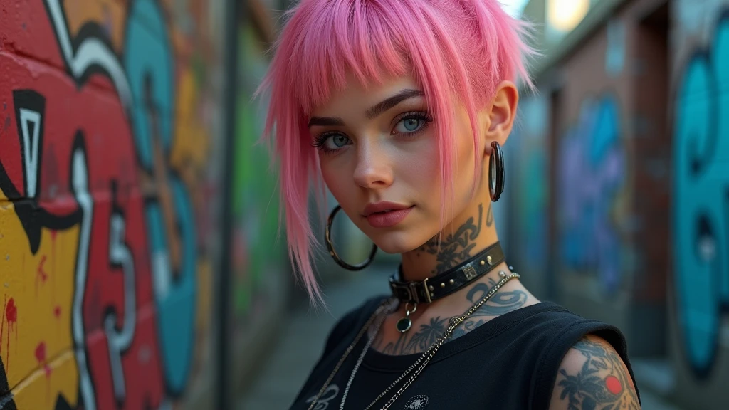 upper body portrait,raw essence of a tattooed street style icon,rebellious energy,wearing oversized shirt with logos,vibrant graffiti as backdrop,edgy fashion,sense,confident gaze,colorful hair,light beams streaming through haze,